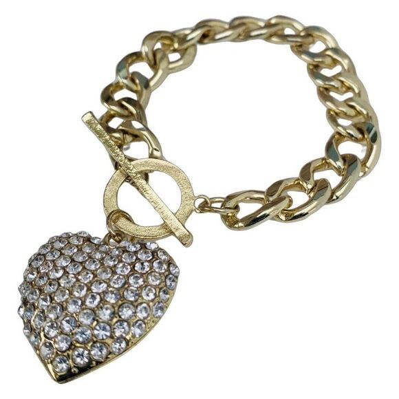 Gold Icy Crystal Heart Bracelet 8" Curb Chain Toggle Valentines Day Lovecore - Picture 5 of 11